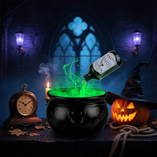 Floating Bottle Set With Witches Cauldron And Mist Maker With Green Light Spooky Vintage Party
